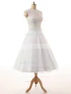 Tulle Scoop Neck Princess Tea-length Lace Wedding Dresses #UKM00023329