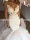 Tulle V-neck Trumpet/Mermaid Chapel Train Appliques Lace Wedding Dresses #UKM00023331
