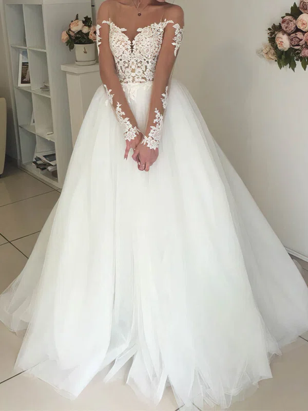 Ball Gown/Princess Illusion Tulle Sweep Train Wedding Dresses With Appliques Lace #UKM00023333