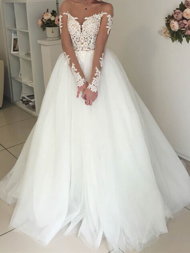 Ball Gown Illusion Tulle Sweep Train Wedding Dresses With Appliques Lace #UKM00023333