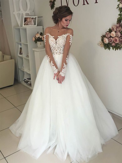 Tulle Scoop Neck Ball Gown Sweep Train Appliques Lace Wedding Dresses #UKM00023333