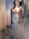 Sheath/Column V-neck Lace Floor-length Wedding Dresses #UKM00023334