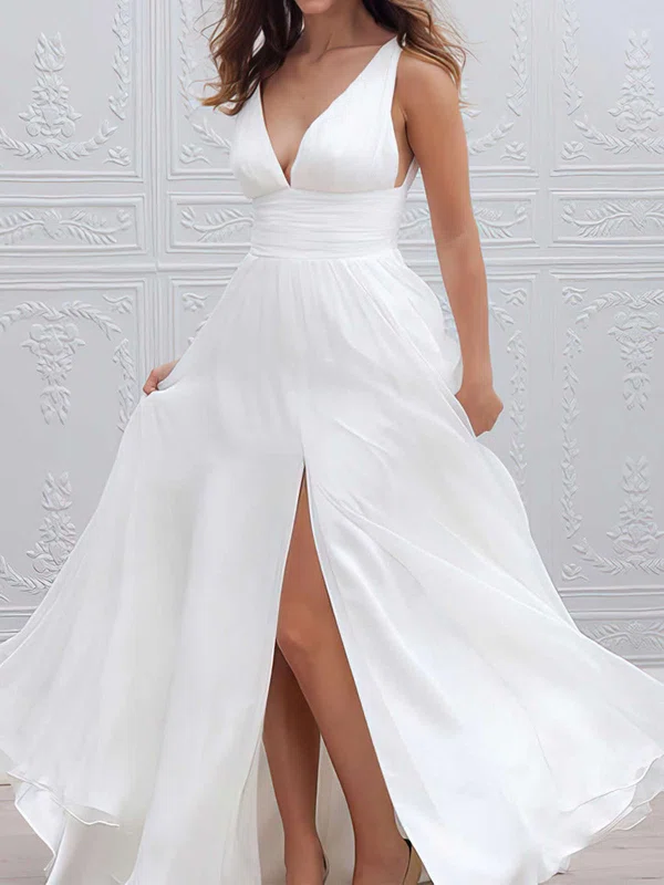 A-line V-neck Chiffon Floor-length Wedding Dresses With Split Front #UKM00023336