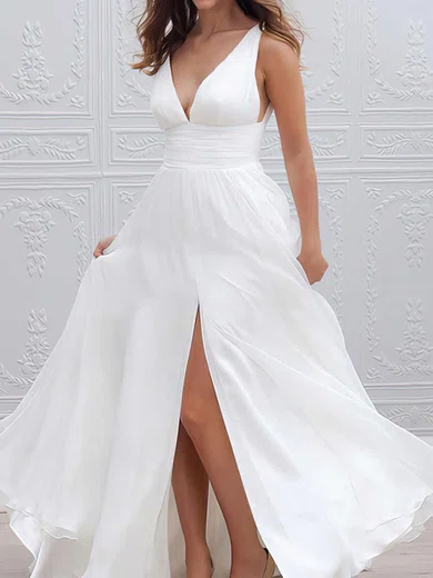 A-line V-neck Chiffon Floor-length Wedding Dresses With Split Front #UKM00023336