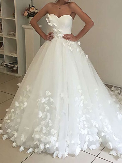 Ball Gown Sweetheart Tulle Chapel Train Wedding Dresses With Flower(s) #UKM00023339