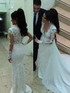 Sheath/Column V-neck Lace Chiffon Tulle Sweep Train Wedding Dresses #UKM00023340
