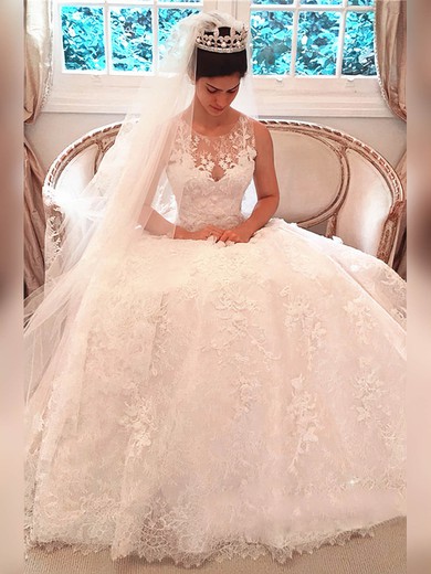 Lace Scoop Neck Ball Gown Court Train Appliques Lace Wedding Dresses #UKM00023341