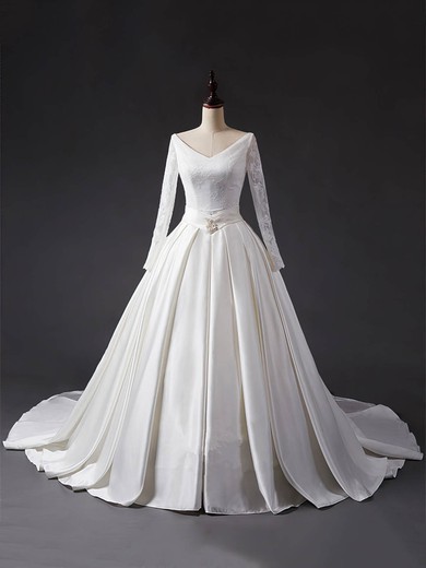 Ball Gown V-neck Lace Satin Chapel Train Wedding Dresses With Sashes / Ribbons #UKM00023344
