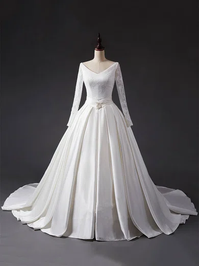 Ball Gown/Princess V-neck Lace Satin Chapel Train Wedding Dresses With Sashes / Ribbons #UKM00023344