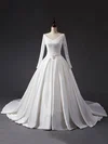 Ball Gown V-neck Lace Satin Chapel Train Wedding Dresses With Sashes / Ribbons #UKM00023344