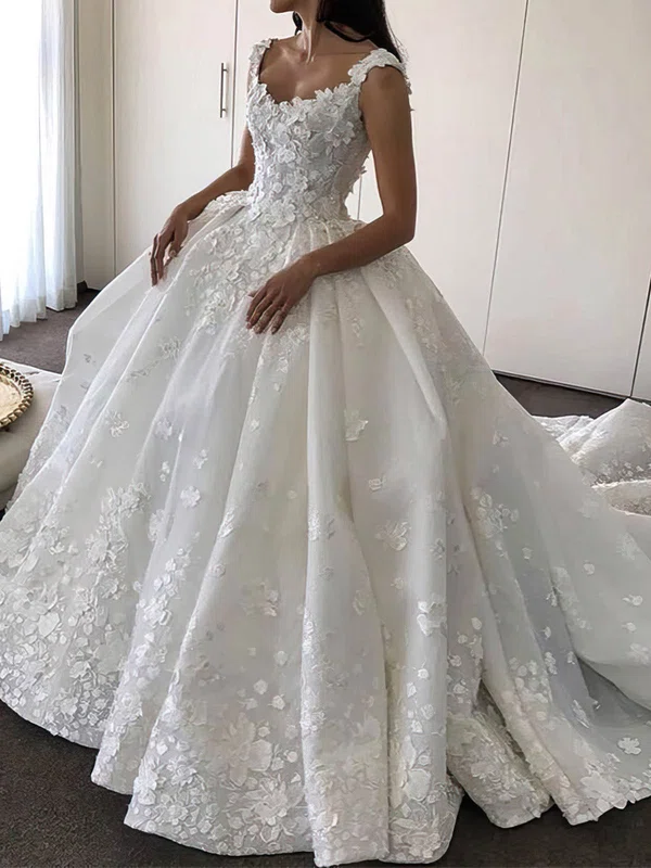 Ball Gown/Princess V-neck Satin Cathedral Train Wedding Dresses With Flower(s) #UKM00023345