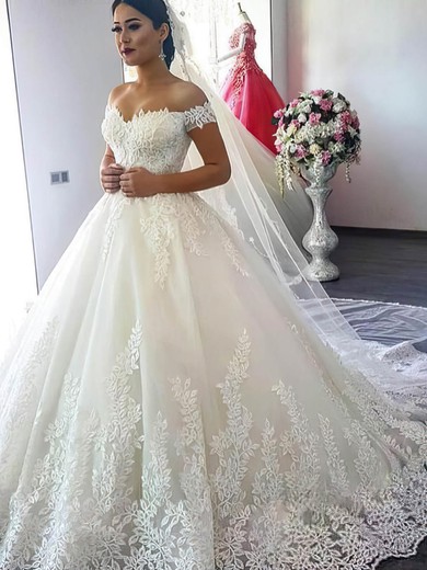 Tulle Off-the-shoulder Ball Gown Chapel Train Appliques Lace Wedding Dresses #UKM00023346