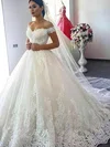 Ball Gown Off-the-shoulder Tulle Chapel Train Wedding Dresses With Appliques Lace #UKM00023346