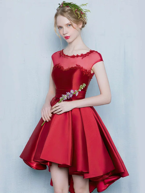 Prettiest Princess Scoop Neck Satin Tulle Appliques Lace Asymmetrical Cap Straps High Low Bridesmaid Dresses #UKM010020103133