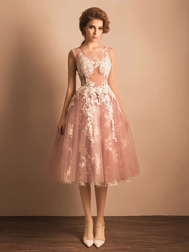 Ball Gown Scoop Neck Tulle with Appliques Lace Tea-length Boutique Bridesmaid Dresses #UKM010020103045