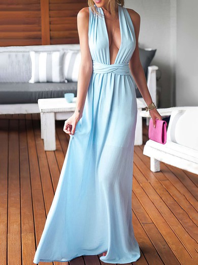Sheath/Column V-neck Chiffon with Ruffles Floor-length Blue Backless Sexy Bridesmaid Dresses #UKM010020103552