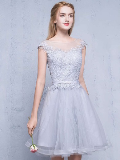 A-line Scoop Neck Tulle Appliques Lace Short/Mini Pretty Bridesmaid Dresses #UKM010020102753