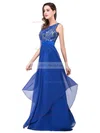 Scoop Neck Lace Chiffon Floor-length Sashes / Ribbons Royal Blue Bridesmaid Dresses #UKM010020101628