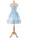 V-neck Light Sky Blue Satin Lace-up Pleats Short/Mini Bridesmaid Dresses #UKM010020101795