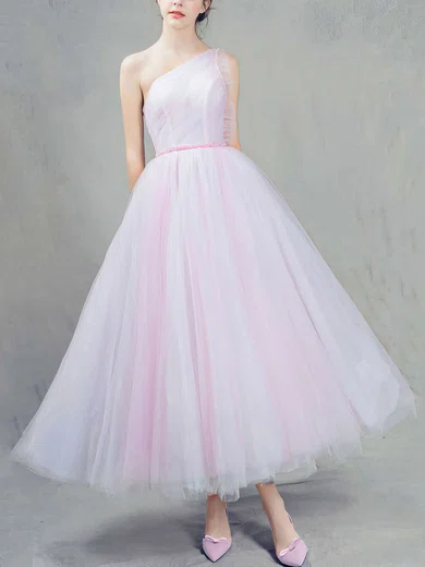 Ball Gown One Shoulder Tulle with Sashes / Ribbons Ankle-length Pink Sweet Bridesmaid Dresses #UKM010020103243