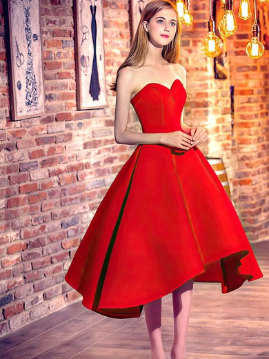 Classic Princess Sweetheart Satin with Ruffles Asymmetrical Red High Low Bridesmaid Dresses #UKM010020103199