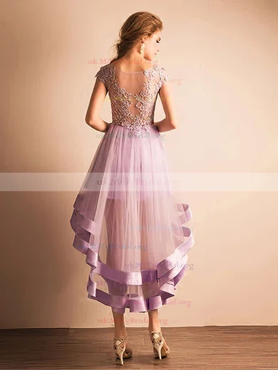 A line Scoop Neck Tulle with Appliques Lace Asymmetrical Cap Straps High Low Glamorous Bridesmaid Dresses MillyBridal