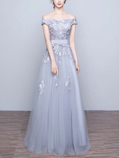 Exclusive A-line Tulle Appliques Lace Off-the-shoulder Long Bridesmaid Dresses #UKM010020102047