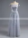 Exclusive A-line Tulle Appliques Lace Off-the-shoulder Long Bridesmaid Dresses #UKM010020102047