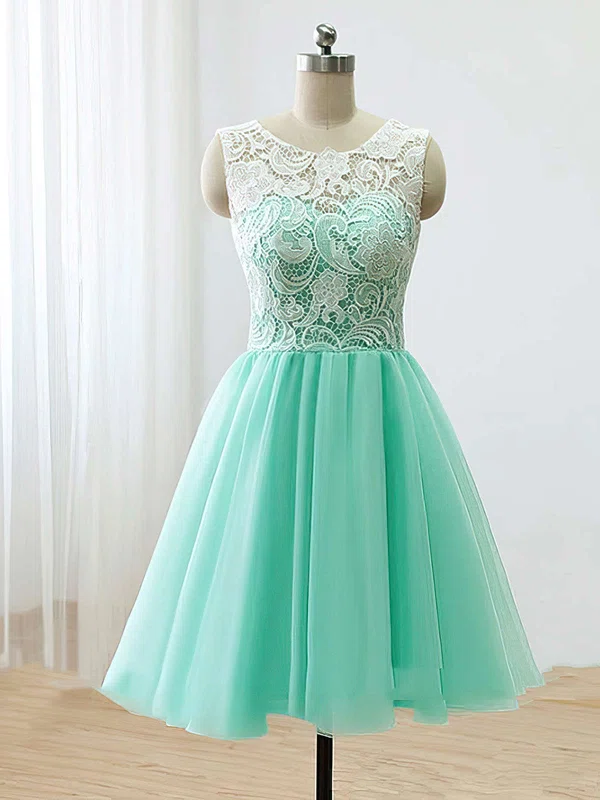 Short/Mini Scoop Neck Tulle with Lace Covered Buttons Elegant Bridesmaid Dresses #UKM010020102213