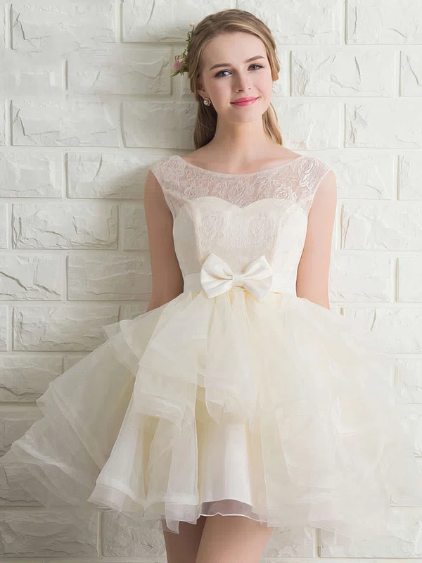 Discounted Scoop Neck Lace Tulle with Bow Short/Mini Bridesmaid Dresses #UKM010020102158