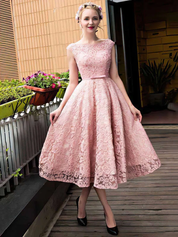 A-line Scoop Neck Lace with Sashes / Ribbons Tea-length Lace-up Sweet Bridesmaid Dresses #UKM010020102877