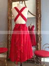 Simple A-line V-neck Chiffon Knee-length Ruffles Red Backless Bridesmaid Dresses #UKM010020102648