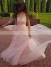 Tulle V-neck A-line Sweep Train Appliques Lace Bridesmaid Dresses #UKM010020105330