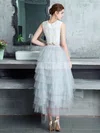 Lace Tulle Scoop Neck A-line Asymmetrical Tiered Bridesmaid Dresses #UKM010020105394