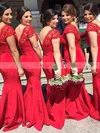 Lace Silk-like Satin V-neck Trumpet/Mermaid Sweep Train Sashes / Ribbons Bridesmaid Dresses #UKM01013737