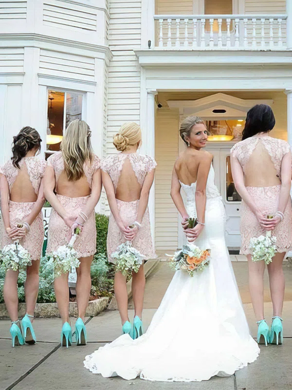 Lace Scoop Neck Sheath/Column Short/Mini Bridesmaid Dresses #UKM01013740