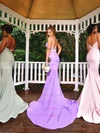 Jersey Sweetheart Trumpet/Mermaid Sweep Train Appliques Lace Bridesmaid Dresses #UKM01013742