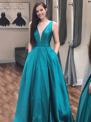 Trumpet/Mermaid V-neck Satin Floor-length Prom Dresses | MillyBridal