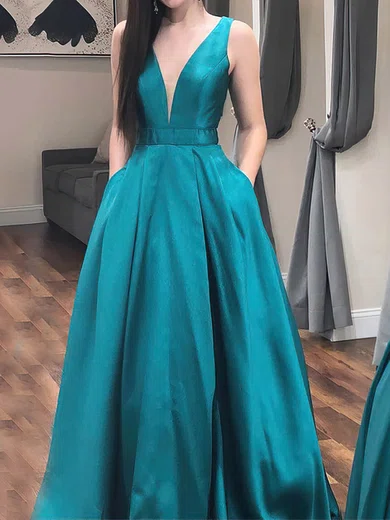 Ball Gown V-neck Satin Cut Out Prom Dresses With Bow #UKM020106405
