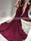 Trumpet/Mermaid V-neck Lace Sweep Train Prom Dresses #UKM020106406
