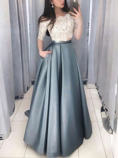 Ball Gown Off-the-shoulder Lace Satin Floor-length Pockets Prom Dresses #UKM020106380