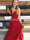 A-line V-neck Satin Floor-length Prom Dresses #UKM020106385