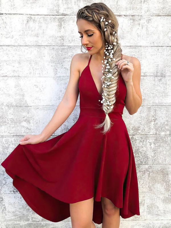 A-line V-neck Silk-like Satin Asymmetrical Prom Dresses #UKM020106388