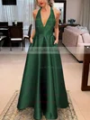 A-line V-neck Satin Floor-length Bow Prom Dresses #UKM020106389