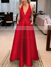 A-line V-neck Satin Floor-length Bow Prom Dresses #UKM020106389