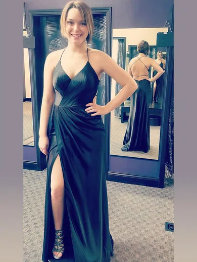 Sheath/Column V-neck Silk-like Satin Floor-length Split Front Prom Dresses #UKM020106391