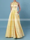 Princess Scoop Neck Satin Floor-length Pockets Prom Dresses #UKM020106399