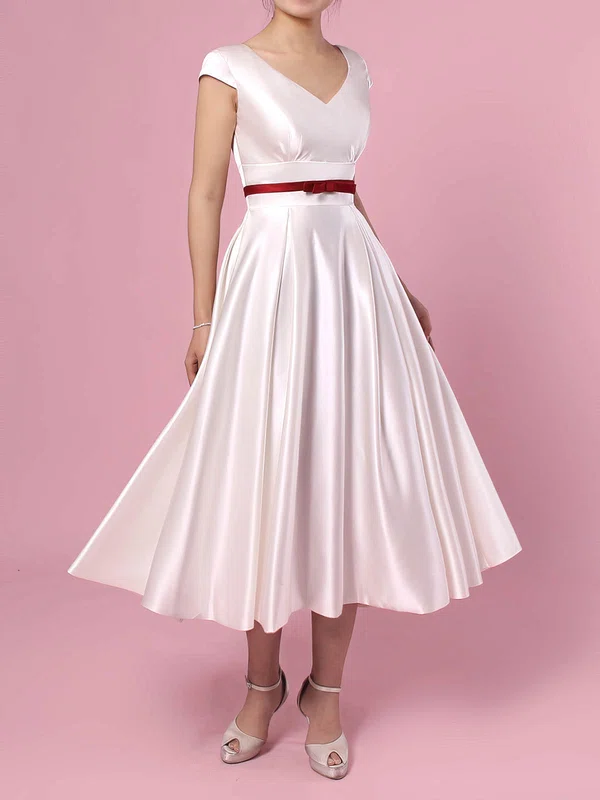 A-line V-neck Satin Tea-length Wedding Dresses With Sashes / Ribbons #UKM00023271