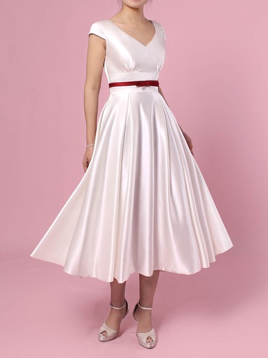 Satin V-neck Princess Tea-length Sashes / Ribbons Wedding Dresses #UKM00023271