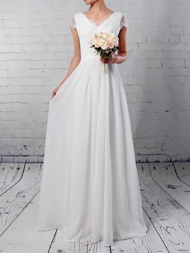 Lace Chiffon V-neck A-line Floor-length Ruffles Wedding Dresses #UKM00023283